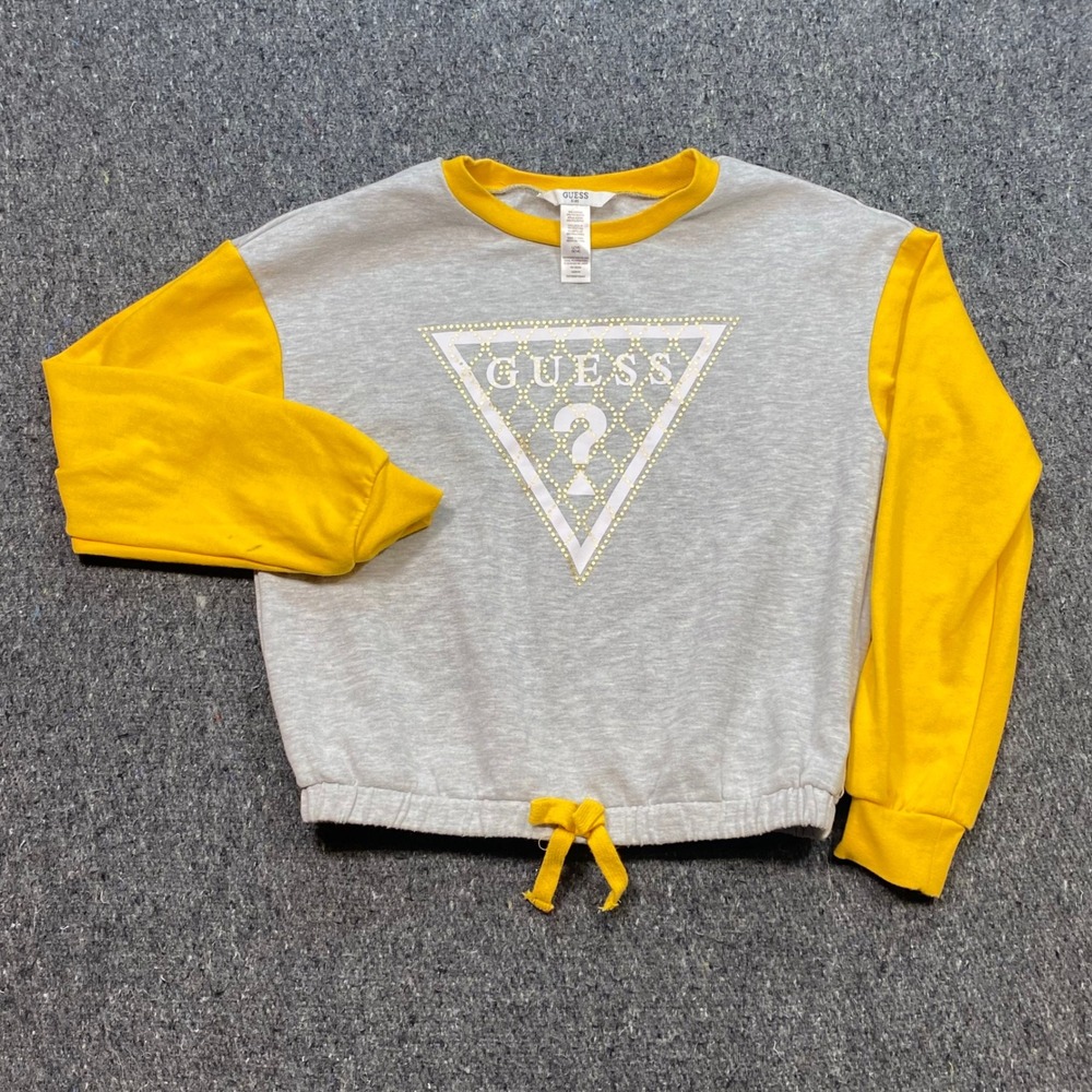 Guess Sweatshirt Sz L Girls Grey Yellow Streetwear Studded Logo Pullover 7326
